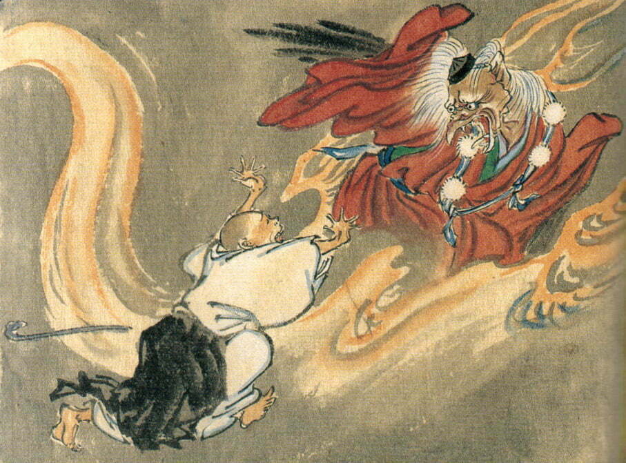 Tengu and a Buddhist monk, by Kawanabe Kyōsai. The tengu wears the cap and pom-pommed sash of a follower of Shugendō.