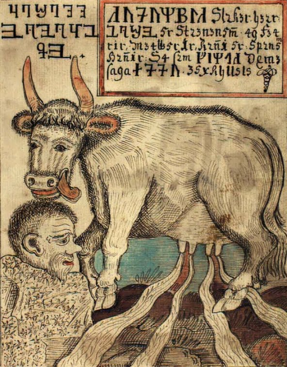 Búri is licked out of a salty ice-block by the cow Auðumbla in this illustration from an 18th century Icelandic manuscript.