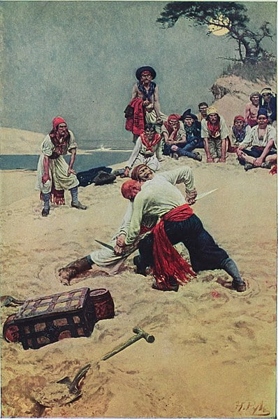 Howard Pyle illustration of pirates fighting over treasure, from Howard Pyle's Book of Pirates.