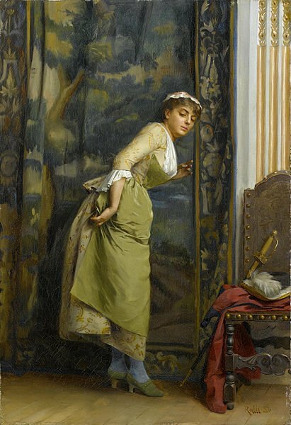Eavesdropping. Oil on canvas, 55.5 x 37 cm Date 1880 Théodore Jacques Ralli (1852-1909), Skill, Listen