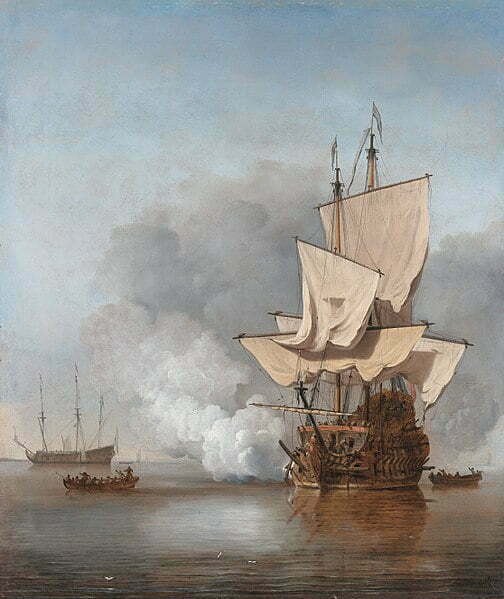 Willem van de Velde (II) Title The canon shot.Een Hollands oorlogsschip maakt zich gereed voor vertrek en vuurt een saluutschot af; links op de achtergrond een driemaster. Year ca. 1680