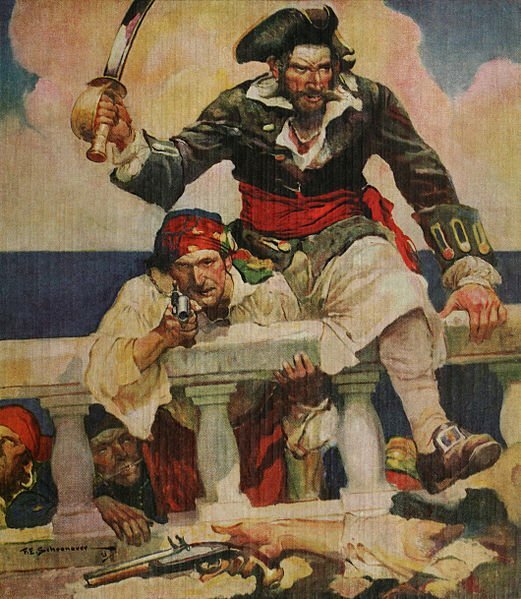 Buccaneer, This Lean, Straight Rover Looked the Part of a Competent Soldier Paine, Ralph Delahaye (1922). Frontispiece, Blackbeard, Buccaneer. Pennsylvania, United States: The Penn Publishing Company. Retrieved on 2010-04-21. Author Frank E. Schoonover (1877-1972)