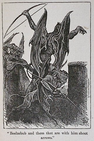"Beelzebub and them that are with him shoot arrows." an illustration from the Henry Altemus edition of The Pilgrim's Progress by John Bunyan, published in 1678. Illustrations by Frederick Barnard, J.D. Linton, W. Small, etc. Engraved by Dalziel Brothers.