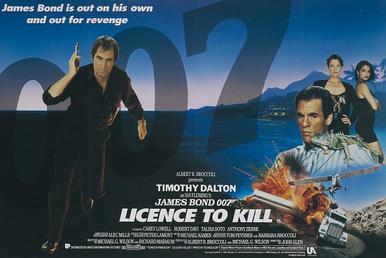 In the left of the picture stands a man dressed in black pointing a pistol towards the viewer. An inset picture shows two women looking out of the poster above another man and a few images depicting vehicles and explosions. The name '007' appears in the top right whilst in the centre at the bottom are the words "LICENCE TO KILL" Licence to Kill
