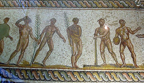 Mosaic floor depicting various athletes wearing wreaths. From the Museum of Olympia, Athlete