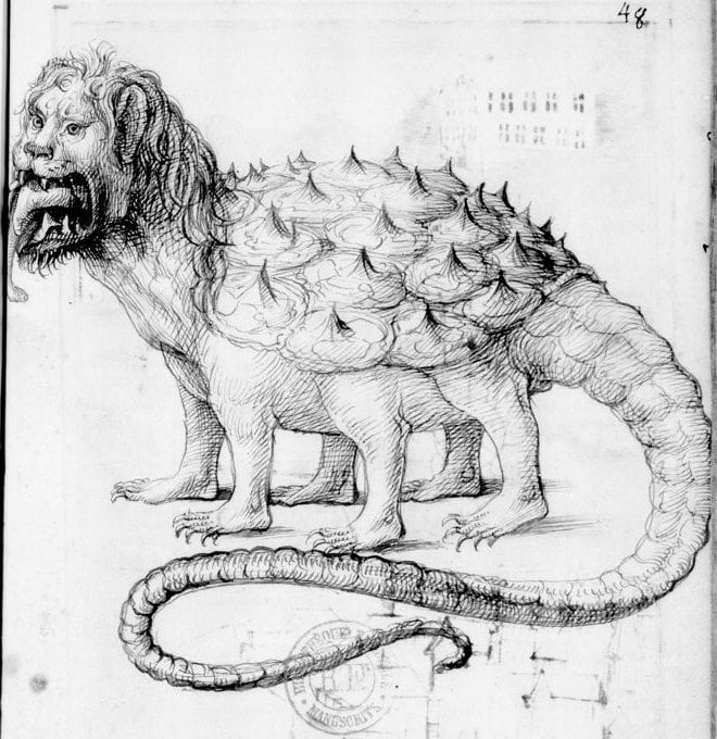 A pen and ink drawing of a Tarrasque (which has swallowed a human, with victim's foot visible in its jaws) Sala, Pierre (1501–1600), Tarasque