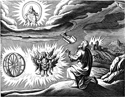 Engraved illustration of the "chariot vision" of the Biblical book of Ezekiel, chapter 1, after an earlier illustration by Matthaeus (Matthäus) Merian (1593-1650), for his "Icones Biblicae" (a.k.a. "Iconum Biblicarum"). Angel Ophan
