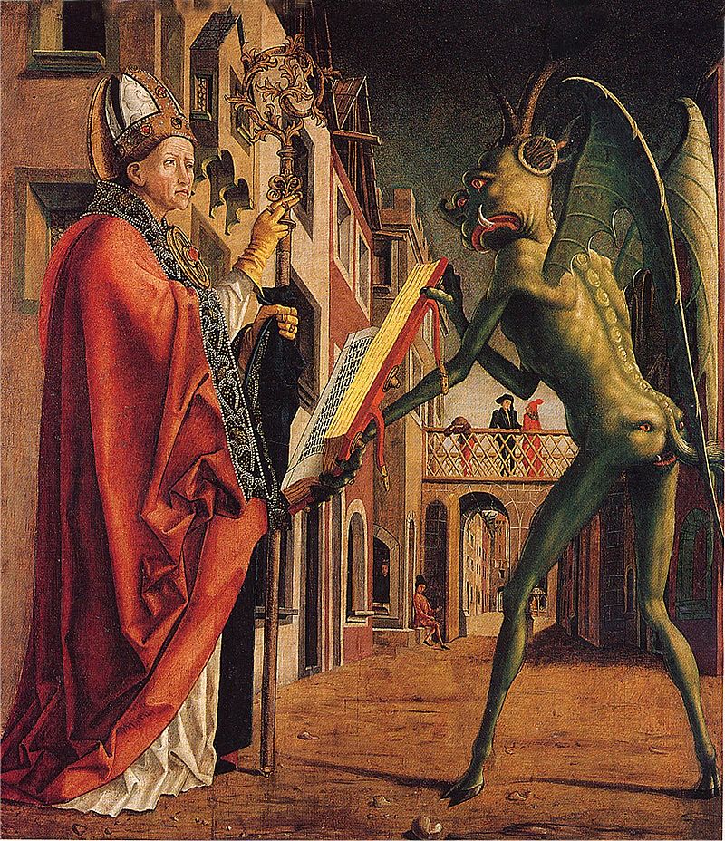 Cardinal of Asmodeus, Kirchenväteraltar, Flügelaußenseite: Der Teufel weist dem hl. Augustinus das Buch der Laster vor, um 1480, Alte Pinakothek, München