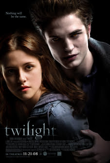 A pale young man fills the top right of the poster, hovering over a brown-haired young woman on the left, with the word "twilight" on the lower left. Twilight