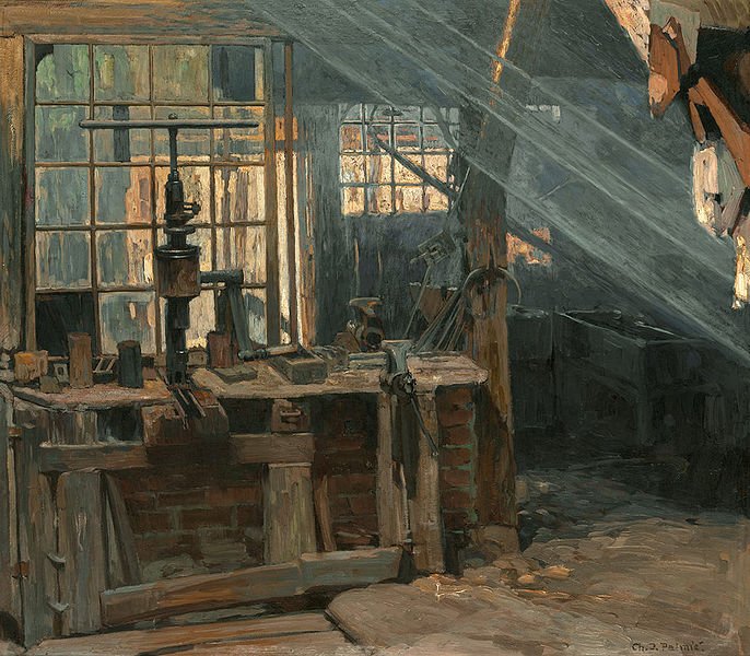 Die Holzwerkstatt. Öl auf Malpappe. Charles Johann Palmié (1893 - 1911), Domain, Craft, Craft Domain