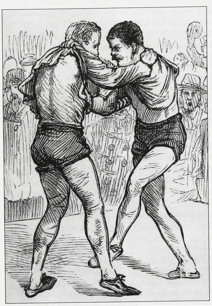 A sketch of a Collar and Elbow wrestling match by artist W.A. Rogers, taken from a larger collage of police athletics contests from 1878. Coraiocht