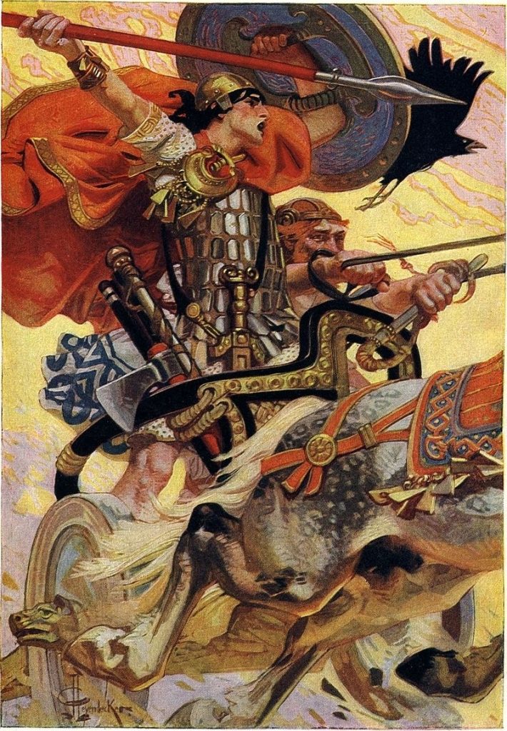 "Cuchulain in Battle", illustration by J. C. Leyendecker in T. W. Rolleston's Myths & Legends of the Celtic Race, 1911, Spear Dancer