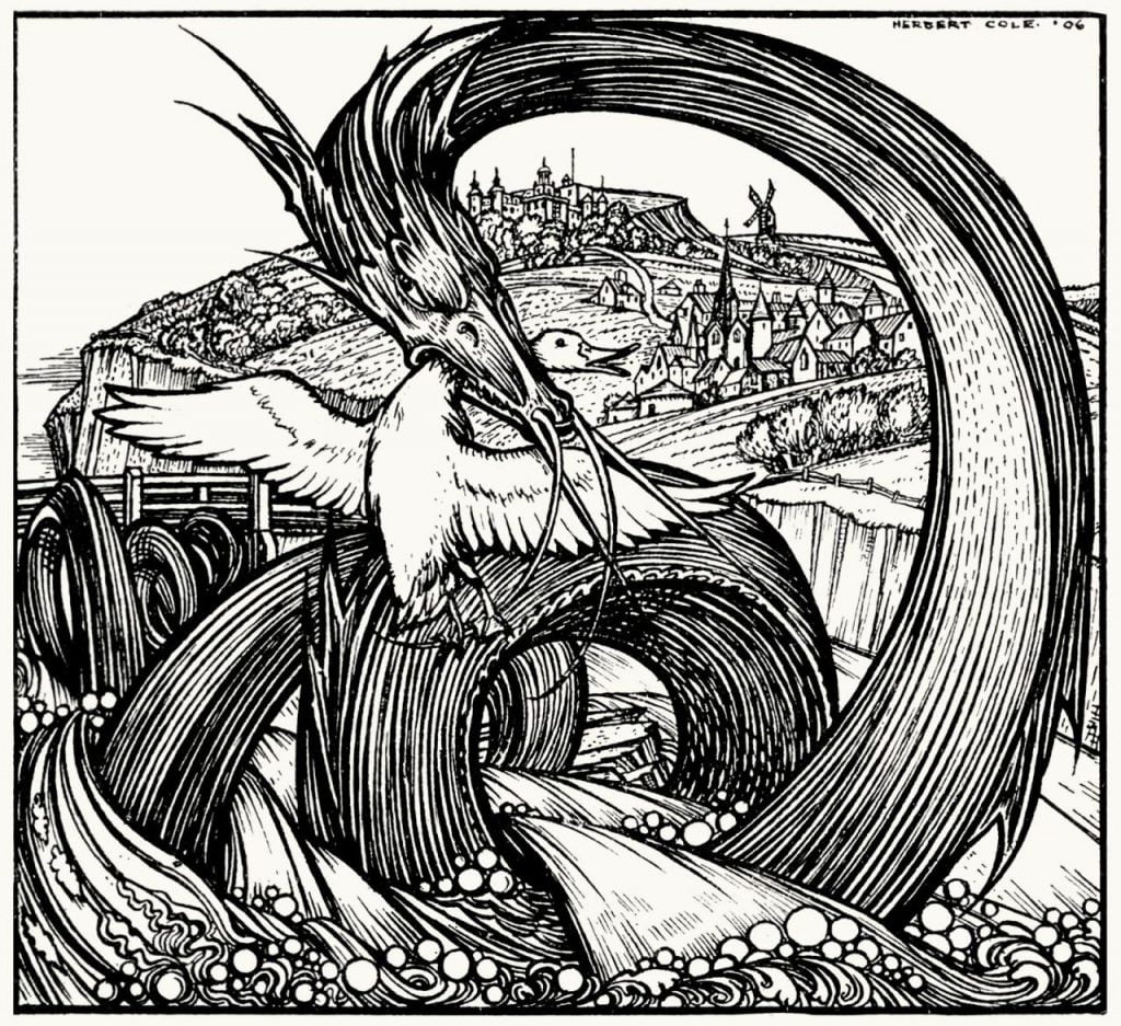 The Lambton worm now became the terror of the whole country side. Herbert Cole, from Fairy gold, by Ernest Rhys, London, New York, early 20th  century (illustrations dated 1906, book reprinted in 1919, 1922). Lambton Worm 