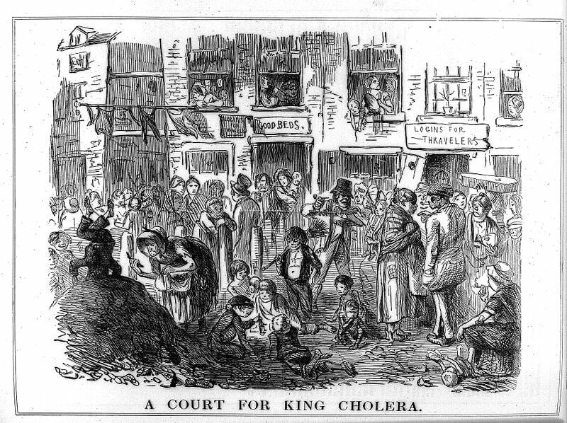 A court for King Cholera Description 'A court for King Cholera' is hardly an exaggeration of many dwelling places of the poor in London. General Collections 1852, Cholera