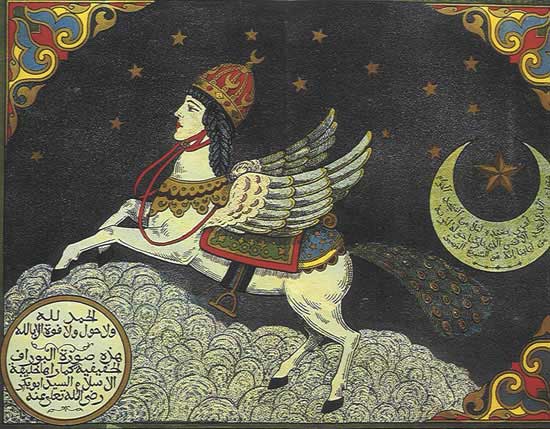 Buraq on a reproduction of a 17th-century Mughal miniature, Buraq