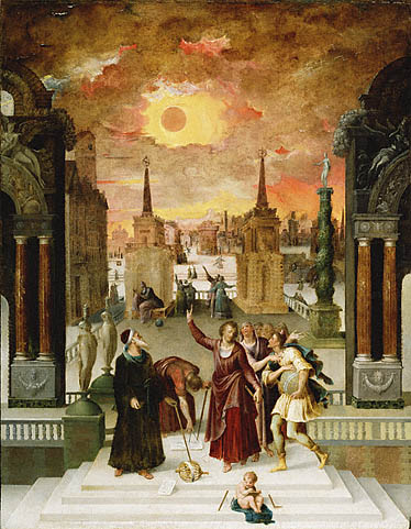 Solar Hierophant, Dionysius Areopagite and the eclipse of Sun, painted by Antoine Caron, 1541 (Los Angeles, Getty Museum) Date1571