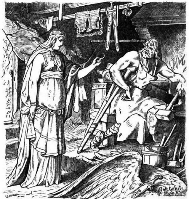 Forge Ring, "Badhild in Weilands Schmeid" (1883) by Johannes Gehrts. Beadohilde presents the bandaged and crutched Wayland Smith with the broken jewelry at his smithy.