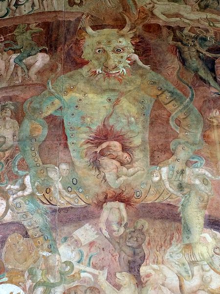 Camposanto monumentale of Pisa, Italy. Fresco of Hell. Detail: The Devil. Gazra