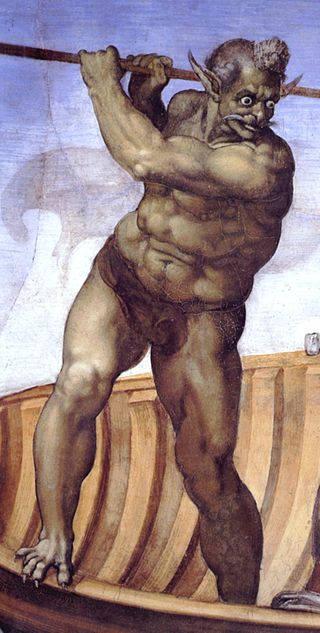 Michelangelo: Charon treibt die Verdammten aus seinem Boot in die Hölle, Fresco, Vatikan, 1536-41, Barregon