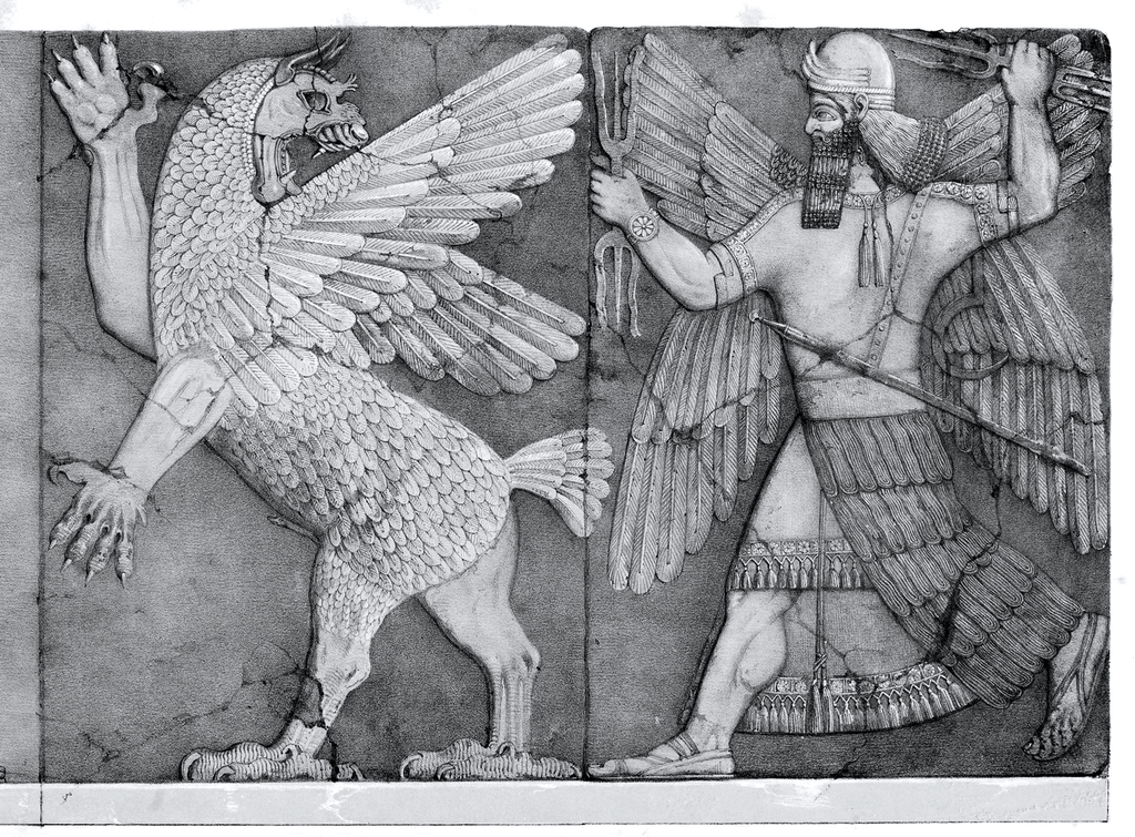Anzu, Ninurta with his thunderbolts pursues Anzû stealing the Tablet of Destinies from Enlil's sanctuary (Austen Henry Layard Monuments of Nineveh, 2nd Series, 1853)