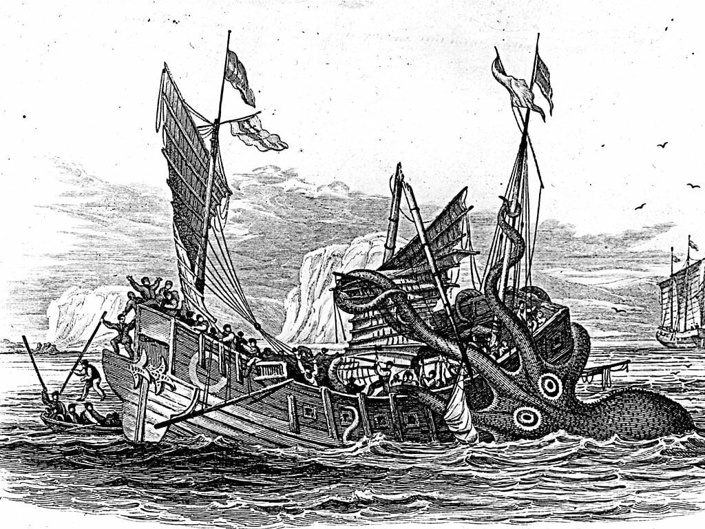 Pierre Denys de Montfort's Poulpe Colossal attacks a merchant ship.1810, Releasing the Kraken