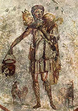 Close on Jesus as the Good Shepherd. Ceiling - S. Callisto catacomb.Period: early Christian Date: mid 3rd century A.D.