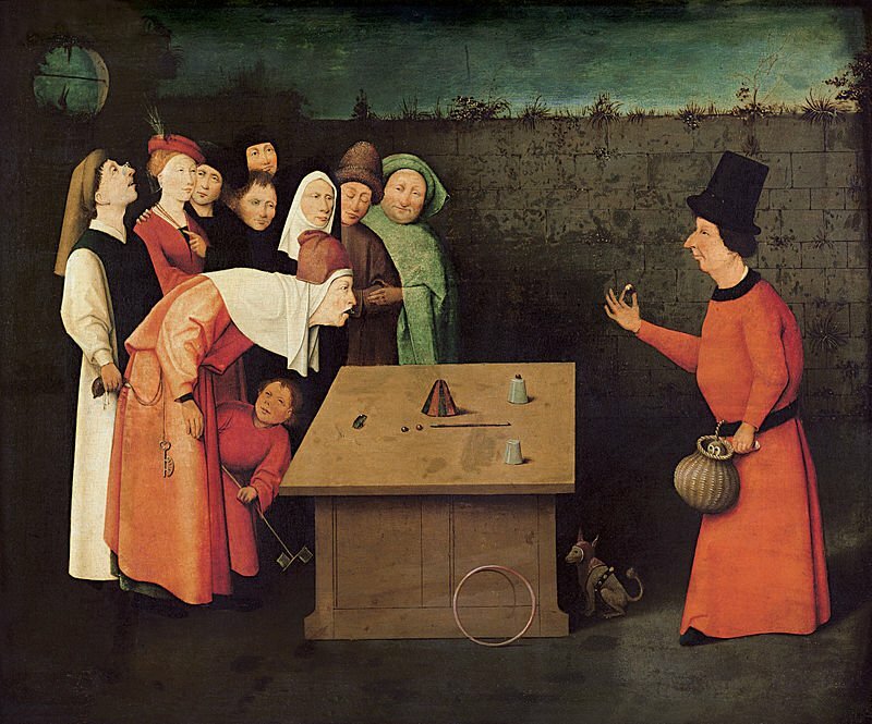 Hieronymus Bosch: The Conjurer, 1475-1480 Note that the man in the back row is stealing another man's purse. He is also applying misdirection by looking up at the sky to misdirect the audience from his actions. The artist has even misdirected us from the thief, because we are drawn to the magician. Lord of Legerdemain