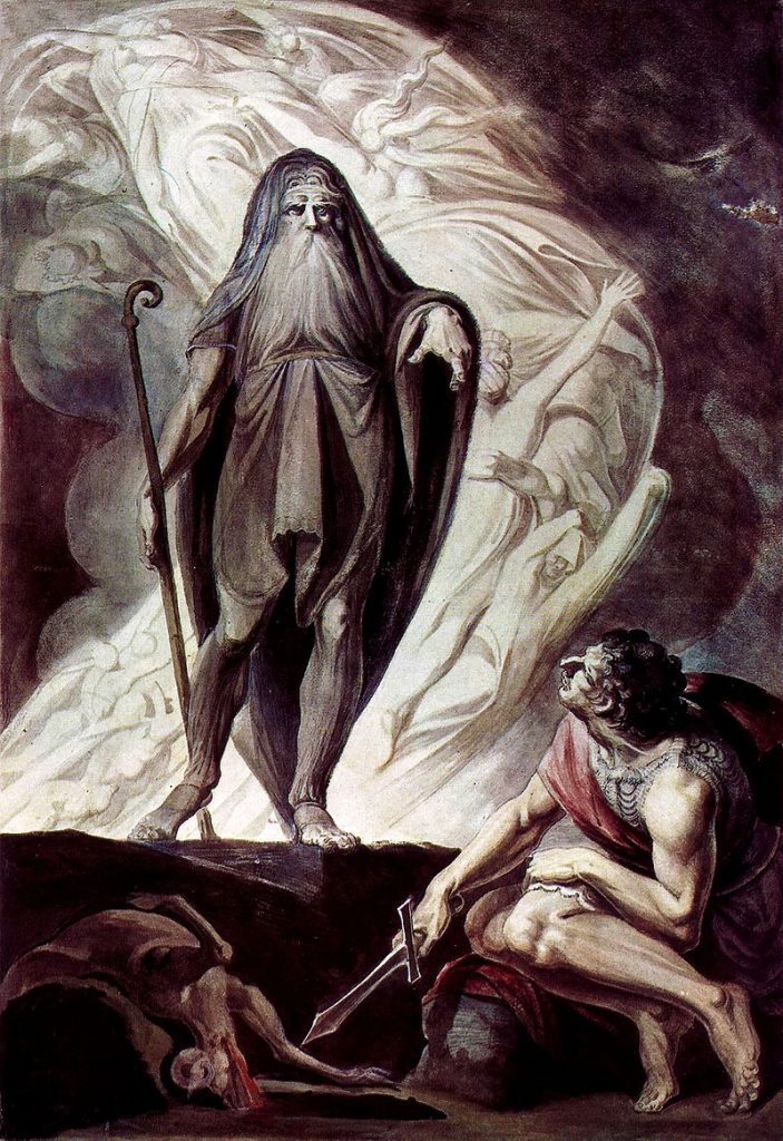 Tiresias appears to Odysseus during the nekyia of Odyssey xi, in this watercolor with tempera by the Anglo-Swiss Johann Heinrich Füssli, c.1780-85 Talon of Spite