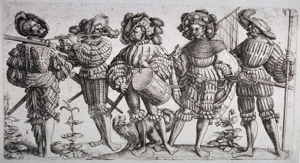Die fünf Landsknechte“, Eisenradierung von Daniel Hopfer aus dem frühen 16. Jahrhundert