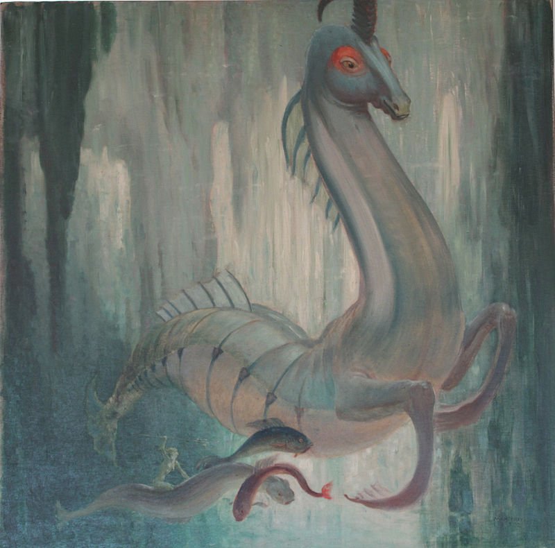 Max Frey (1874-1944): Amazone und einhörniges Seepferd, 1932.  Öl auf Hartfaser. 70 x 70 cm, Hippocampus