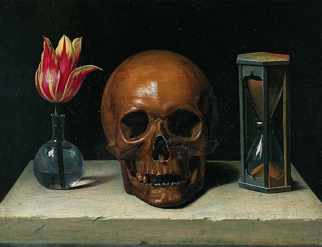 Philippe de Champaigne (1602-1674) Title: Still-Life with a Skull,  detail, Hourglass