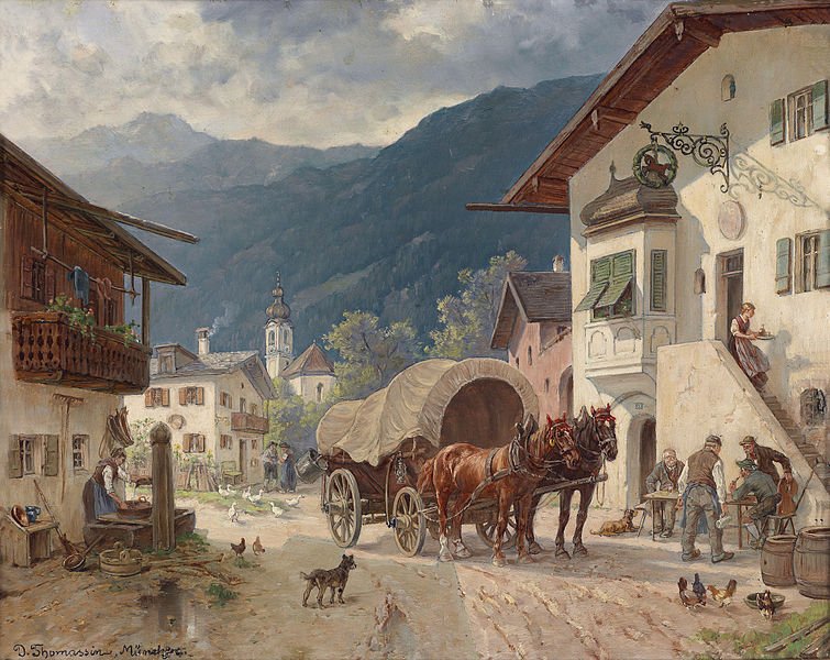 Rast vor dem Wirtshaus, signiert und bezeichnet D. Thomassin, München, Öl auf Holz, 21 x 27 cm Date by 1933, Lodging, Inn