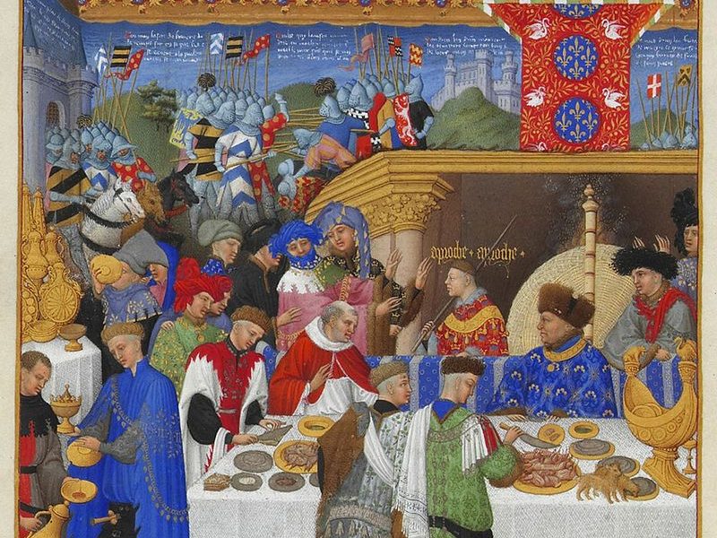 Food & Lodging, Les Très Riches Heures du duc de Berry; Janvier (showing the day of exchanging gifts in January) Musée Condé, Chantilly