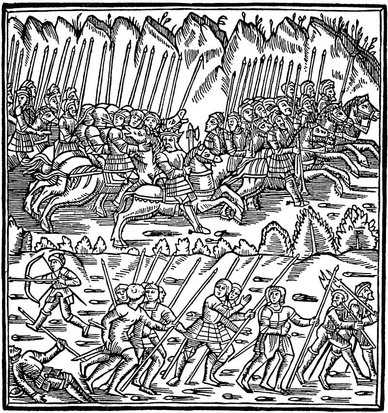 Here we see Arngrimm (with the crown) and his men which, to support the Danish king, defeated king Tengild of Finnmark and king Egbert of Bjarmaland in a hard battle. Arngrim