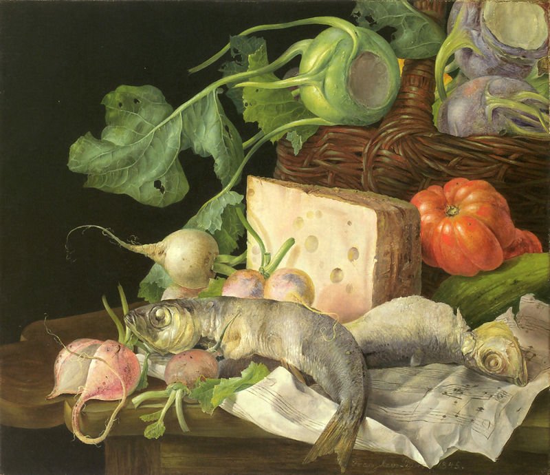 Franz Xaver Petter Title Stillleben mit Fuschen, Käse und einem Notenblatt Date 1845, Cheese