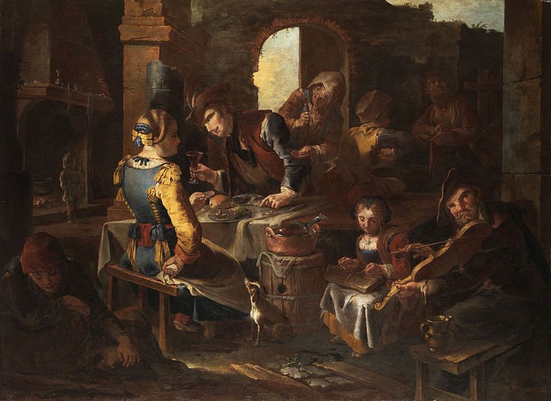 Meals, Young couple in a rural tavern, oil on canvas, 104 x 140 cm. Date 18th century Author attributed to Giacomo Francesco Cipper, detto Il Todeschini (16701738)