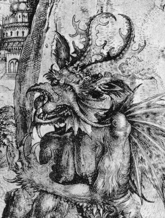 Detail of Satan from The Temptation of Christ, ca. 1500. Engraving, 22.6 x 16.9 cm. C. 1500. (anonymous German Engraver), Devil Gathgorian, Supreme Command Sergeant