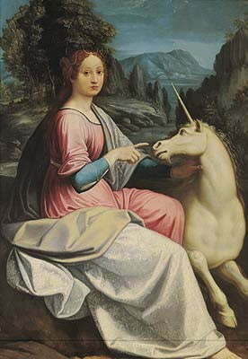 The Lady and the Unicorn by Luca Longhi, portrait of Giulia Farnese, Celestial, Advanced, Unicorn