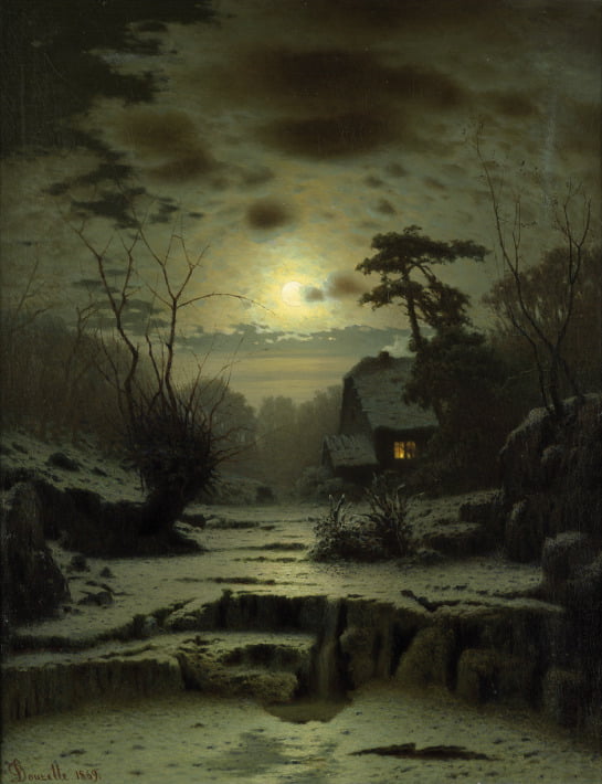 Louis  Douzette: Winterliche Vollmondlandschaft Date 1869, Domain Moon