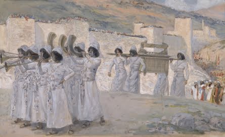 Horn, signal, The Seven Trumpets of Jericho, c. 1896-1902, by James Jacques Joseph Tissot (French, 1836-1902) or follower, gouache on board, 7 5/16 x 12 1/16 in. (18.7 x 30.7 cm), at the Jewish Museum, New York