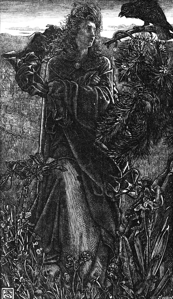 A valkyrie  and a raven having a conversation. Illustration to Hrafnsmál or Haraldskvæði  by Þórbjörn hornklofi. Published in 1862 Frederick Augustus  Sandys (1829-1904), Executioner's Raven