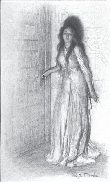 From the August 1907 edition of Scriber's Magazine (Vol XLII, no. 2). An illustration from the story "The Ghost at Point of Rocks" Haunt