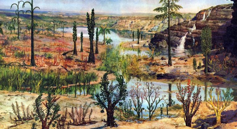 Zdeněk Burian This painting depicts a typical Devonian landscape with archaeopteris (top-right), prototaxites (top centre) and various ferns and horsetails creating the first forests.