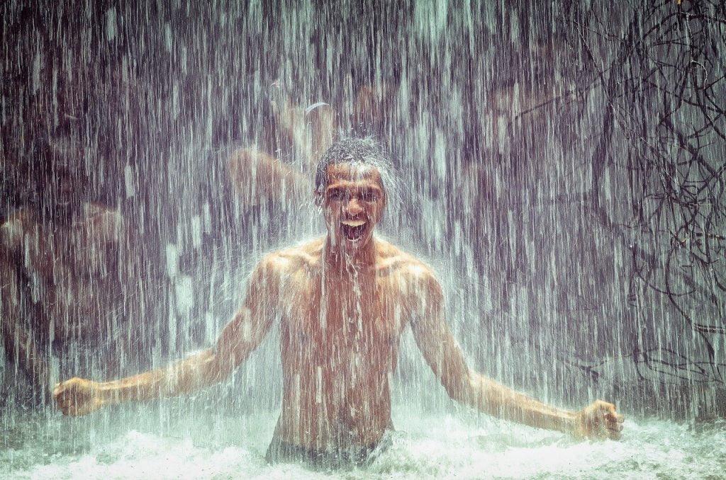man under waterfall, waterfall, strong, Elation