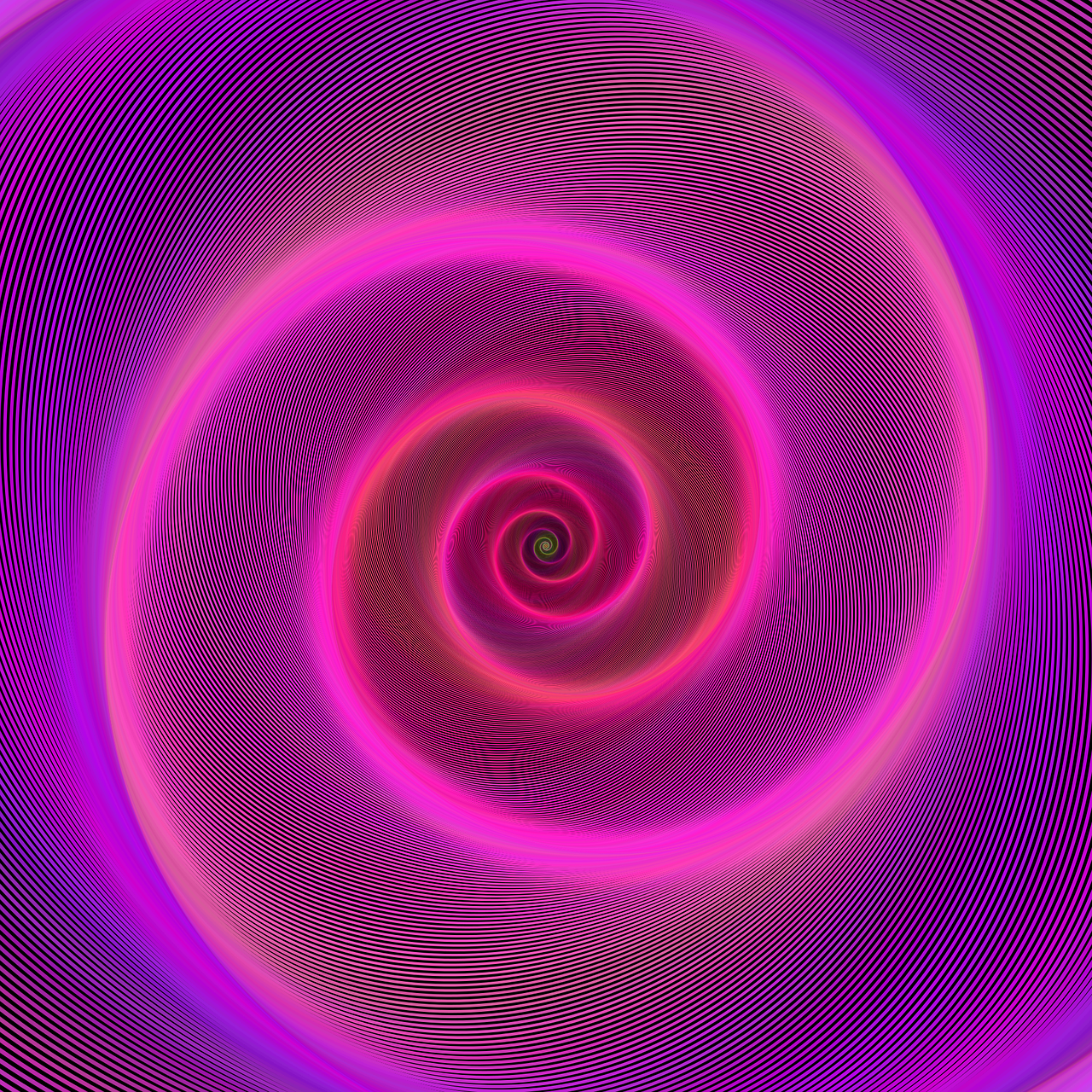 An abstract spiral of closely spaced pink and purple luminous lines