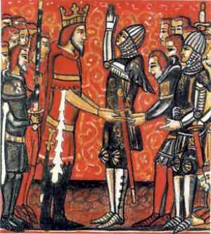 Roland pledges his fealty to Charlemagne. From a medieval  illuminated manuscript. Roland