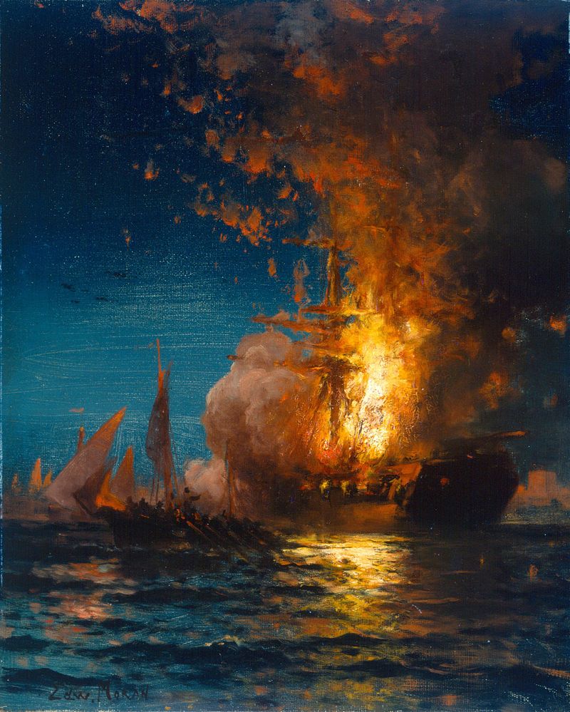 By Edward Moran - Hunter Museum of American Art, search: 1971.8, Public Domain, https://commons.wikimedia.org/w/index.php?curid=12637145, Raging Flame