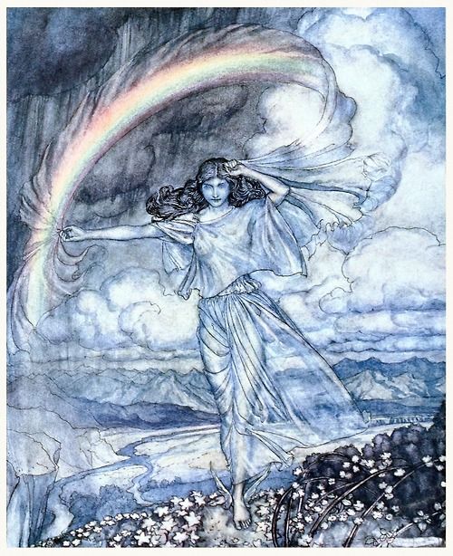 Iris here, with humid bow. Arthur Rackham, from Comus, by John  Milton, New York, London, 1921. Prismatic Spray