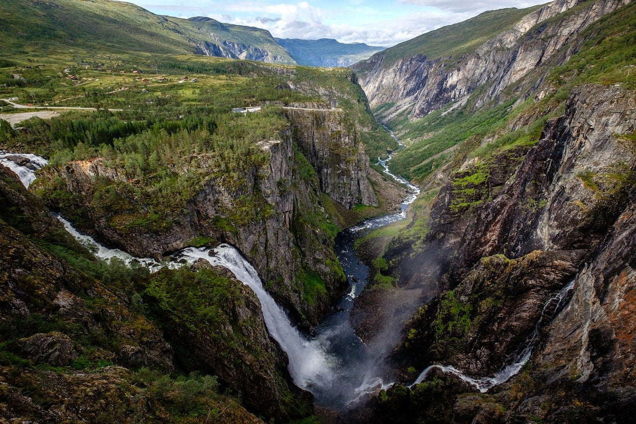 Mountain waterfall and steep valley in Norway