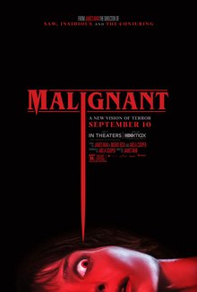 The title "Malignant" in red font. The letter "i" forms a line pointing towards a woman's face, seemingly about to pierce her eye.